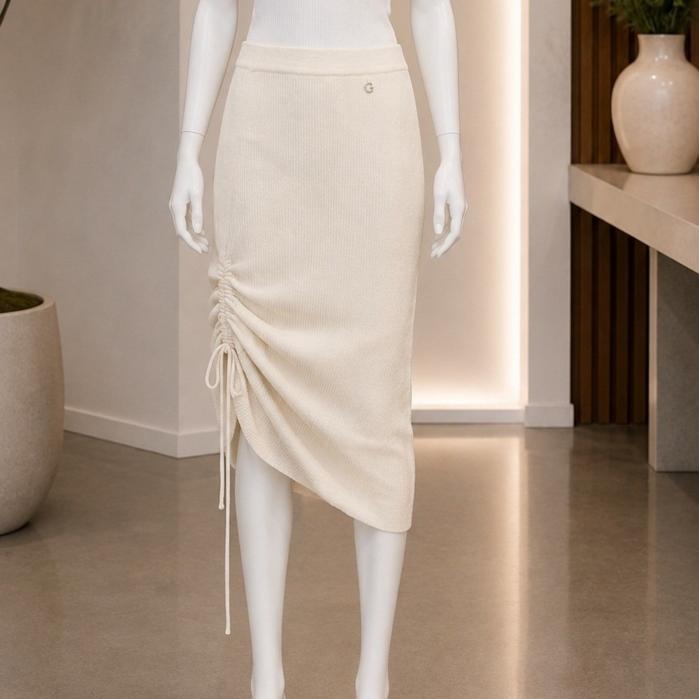 Guess Womens Skirt Ribbed Knit Ruched Side Cream Small